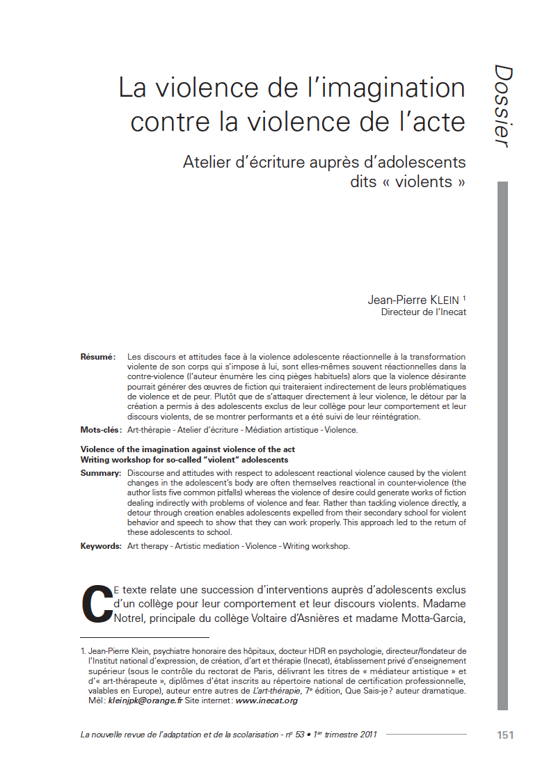 Première page de l'article "La violence de l’imagination contre la violence de l’acte. Atelier d’écriture auprès d’adolescents dits “violents“"