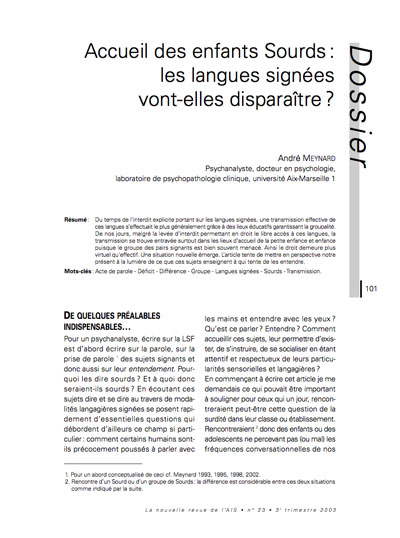 Première page de l'article "Accueil des enfants Sourds : les langues signées vont-elles disparaître ?"