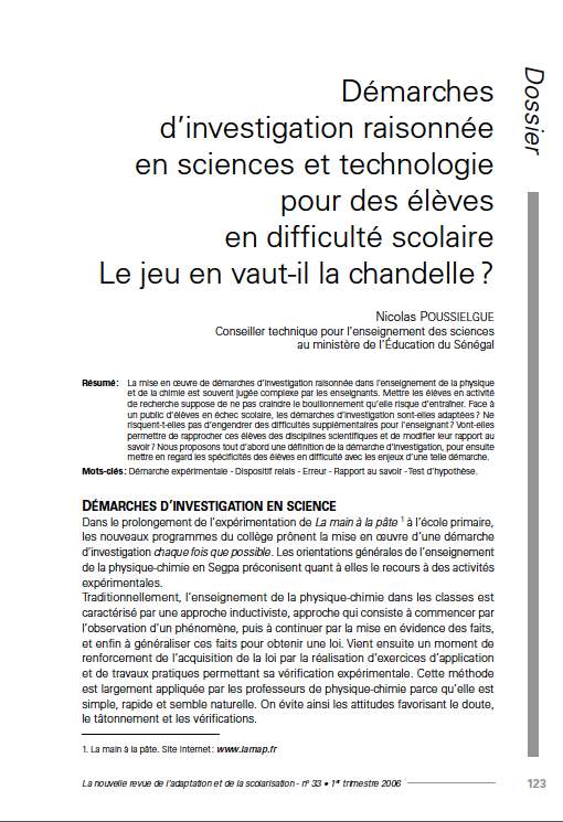 Première page de l'article de La Nras 33 : "Démarches d’investigation raisonnée en sciences et technologie pour des élèves en difficulté scolaire. Le jeu en vaut-il la chandelle ?"