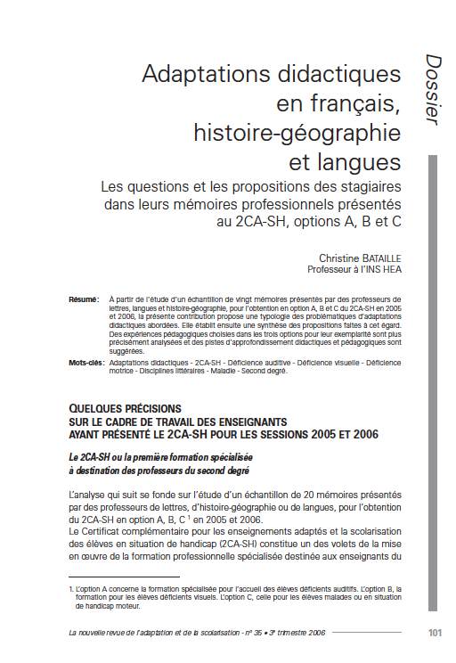 Première page de l'article de La Nras n°35 : "Adaptations didactiques en français, histoire-géographie et langues. Les questions et les propositions des stagiaires dans leurs mémoires professionnels présenté au 2CA-SH, options A, B et C"