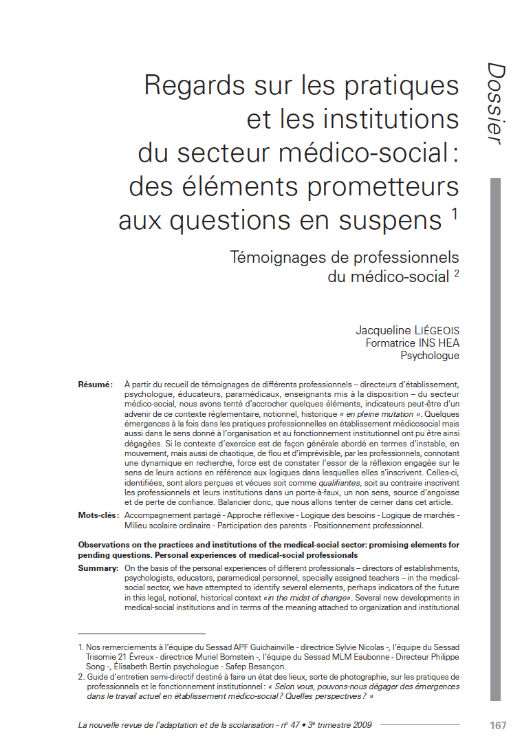 Première page de l'article "Regards sur les pratiques et les institutions du secteur médico-social : des éléments prometteurs aux questions en suspens. Témoignages de professionnels du médico-social"