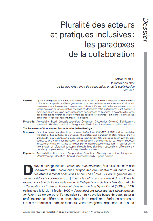 Première page de l'article d'Hervé Benoit « Pluralité des acteurs et pratiques inclusives : les paradoxes de la collaboration »
