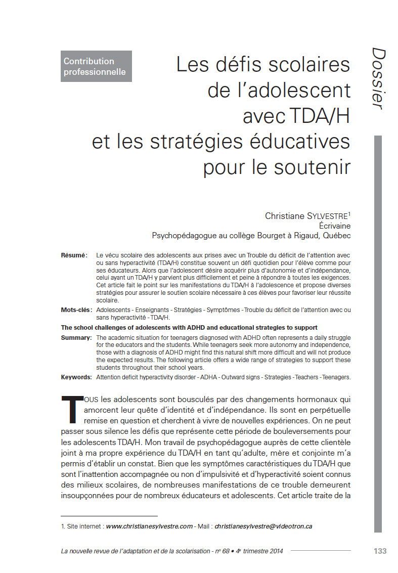 Première page de l'article de Christiane Sylvestre «Les défis scolaires de l’adolescent avec TDA/H et les stratégies éducatives pour le soutenir»