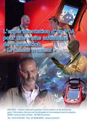 Jaquette du film "L'expérimentation d'un PDA pour une visite autonome de l'exposition "Le Canada vraiment"", illustrée par trois photos d'un utilisateur de Palm.